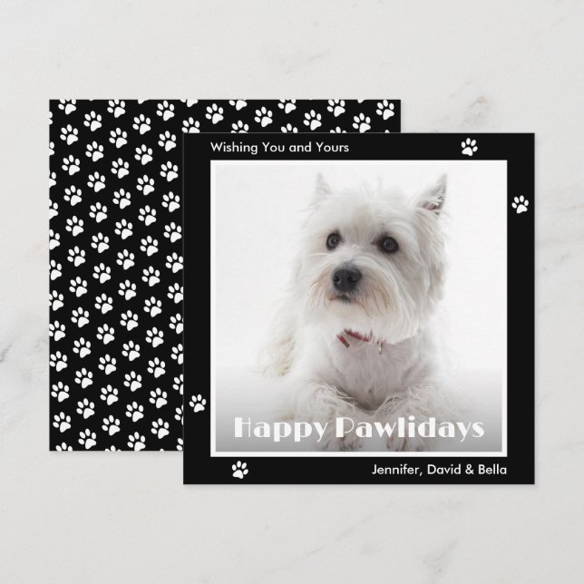 Westie Dog Paw Prints Pet Photo Black Julkort (Fram/baksida)