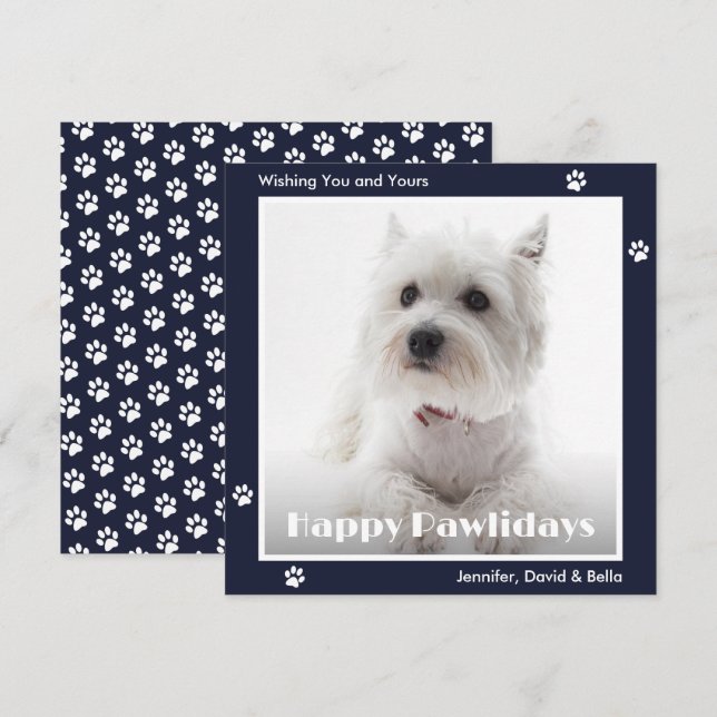 Westie Dog Paw Prints Pet Photo Blue Julkort (Fram/baksida)