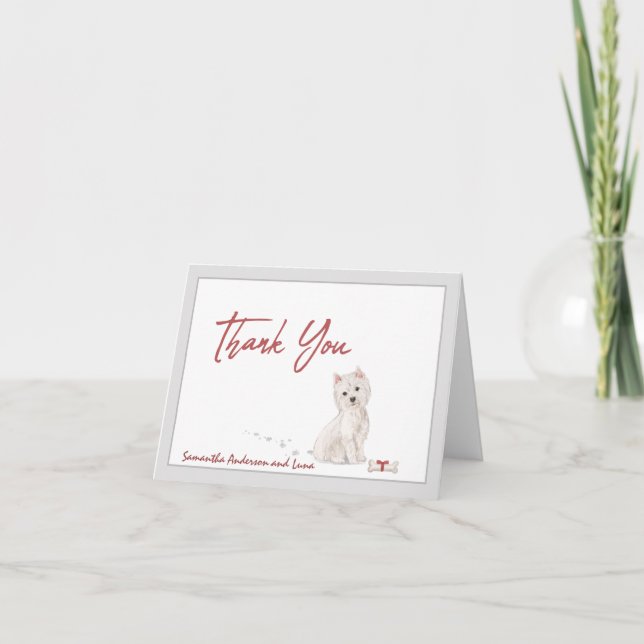 Westie Dog Personalized & Bone Red Ribbon  Tack Kort (Framsida)