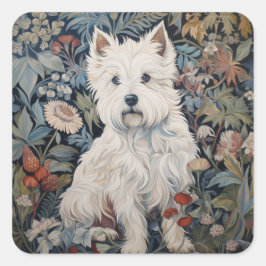 Westie Garden Tapestry in William Morris Stil Fyrkantigt Klistermärke