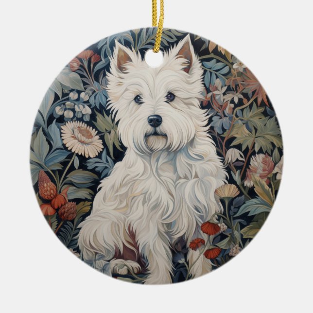 Westie Garden Tapestry in William Morris Stil Julgransprydnad Keramik (Framsidan)