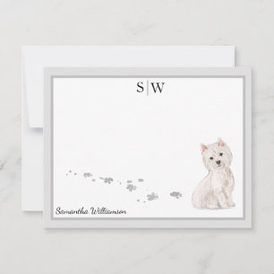 Westie Hund Grått Gräns Monogram Personlig Anteckningskort