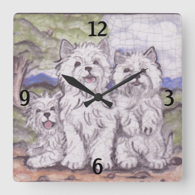 Westie Hund Highland White Terrier Vintage Fyrkantig Klocka (Framsida)