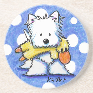 Westie hund med leksakkustfartyget underlägg sandsten