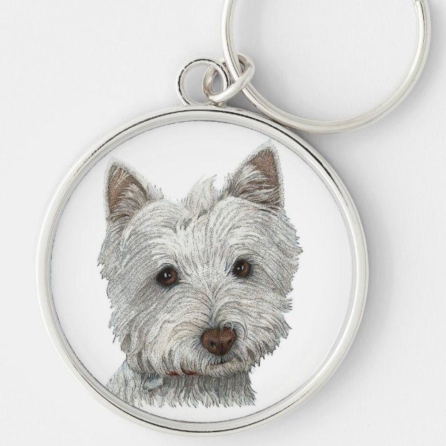 Westie hund rund silverfärgad nyckelring (Framsidan)