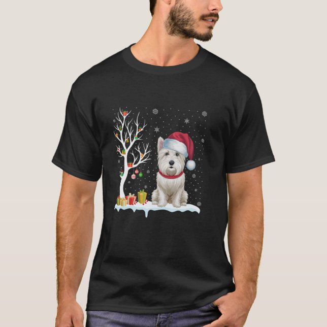 Westie Hund Santa Hat Festive Träd Light jul T Shirt (Framsida)