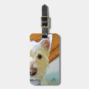 Westie hundansikte som tittar dig bagagebricka
