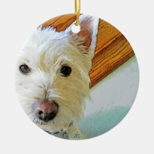 Westie hundansikte som tittar dig julgransprydnad keramik