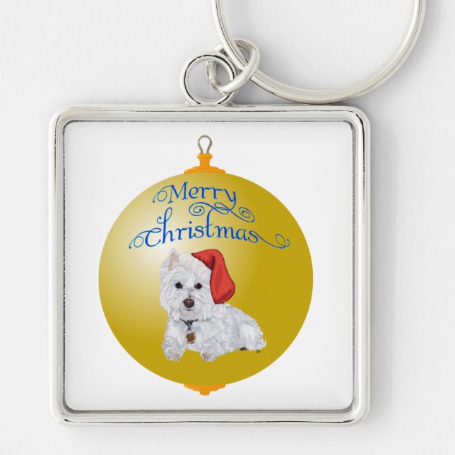 Westie Jul Tomtes Hjälpande Ornament Fyrkantig Silverfärgad Nyckelring (Framsidan)