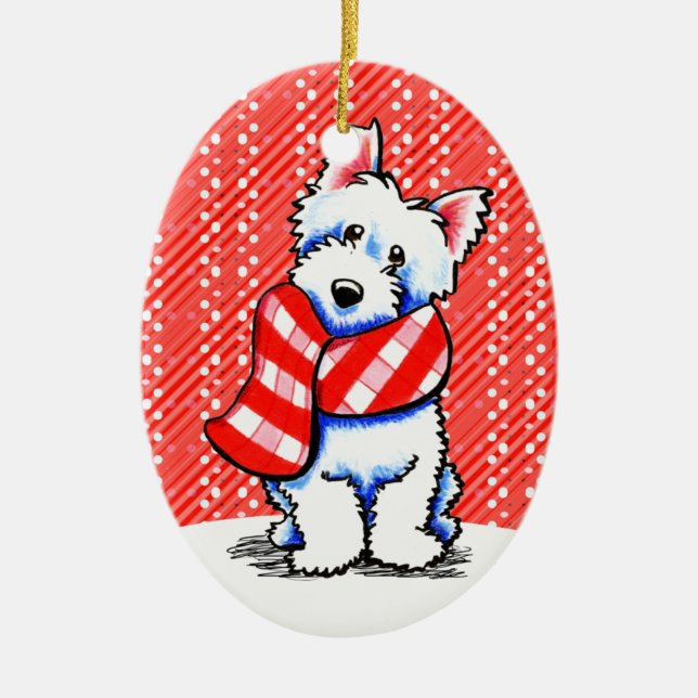 Westie Lycklig Play Scarf Winter Julgransprydnad Keramik (Framsidan)