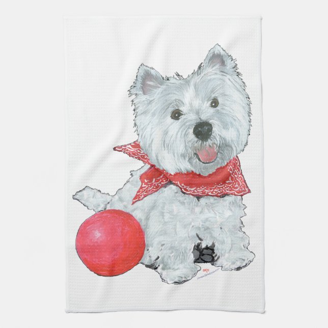 Westie med röd boll kökshandduk (Vertikal)