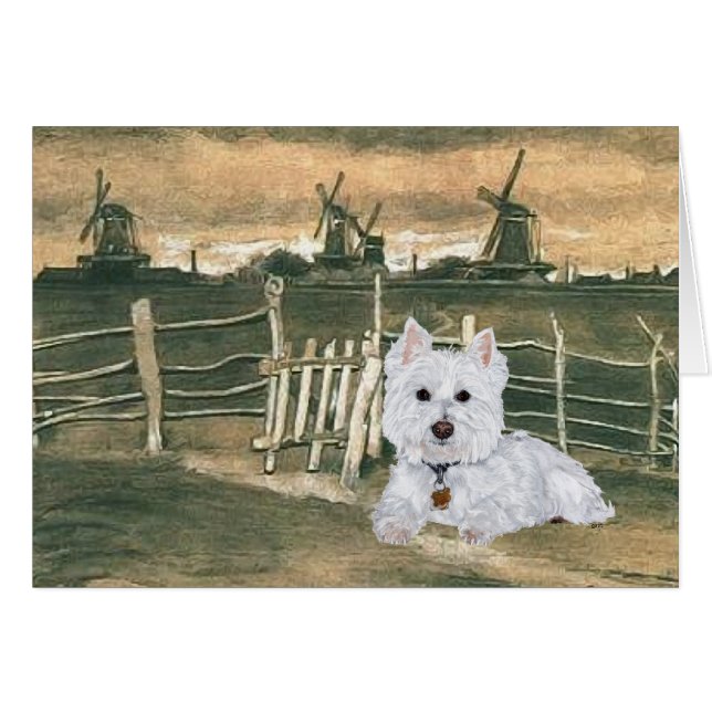 Westie med väderkvarnar hälsningskort (Framsidan Horizontal)