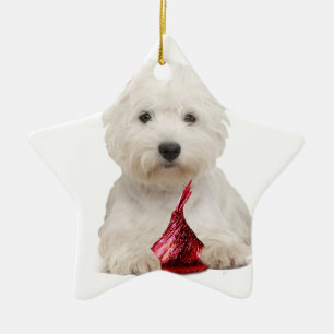 Westie och röd godiskyss julgransprydnad keramik