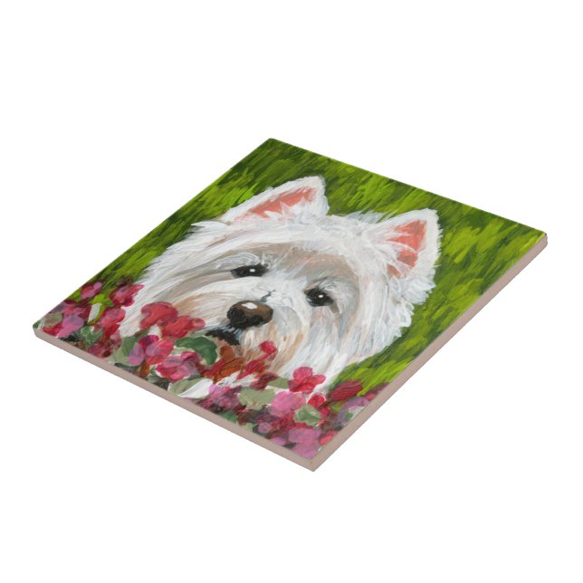 Westie och Rosa Flowers Kakelplatta (Sidan)