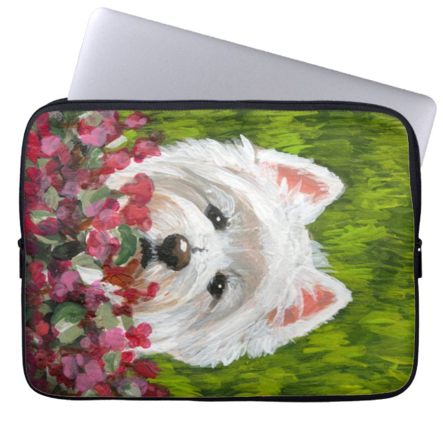 Westie och Rosa Flowers Laptop Fodral (Framsidan)