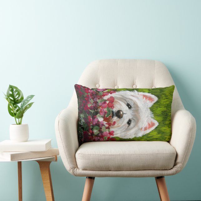 Westie och Rosa Flowers Lumbarkudde (Stol)