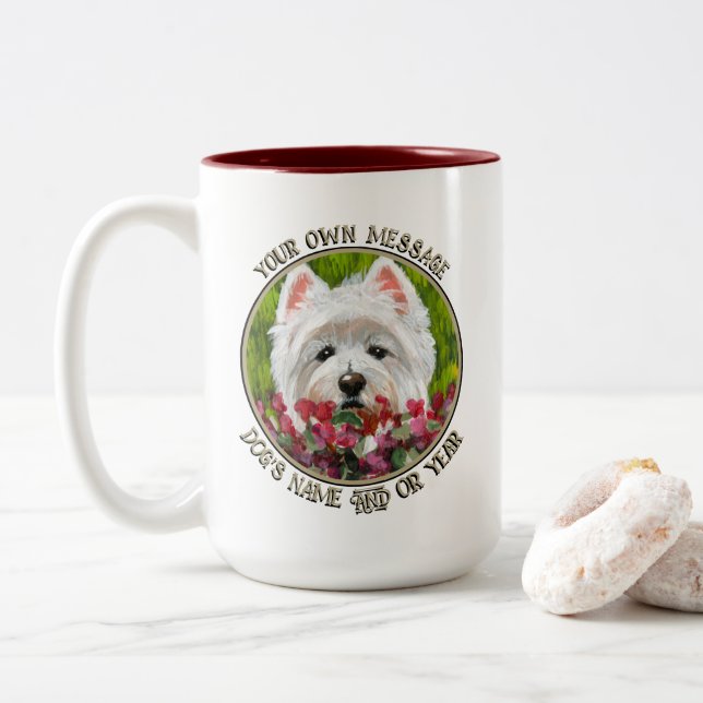 Westie och Rosa Flowers Två-Tonad Mugg (Med munk)