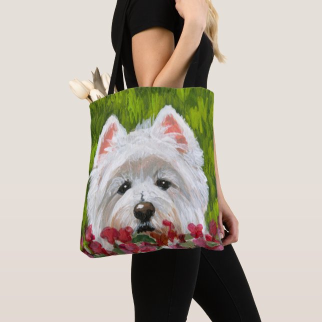 Westie och Rosa Flowers Tygkasse (Närbild)