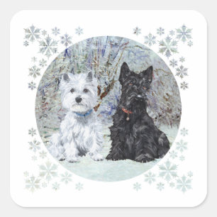 Westie och Scottie i snöig landskap Fyrkantigt Klistermärke