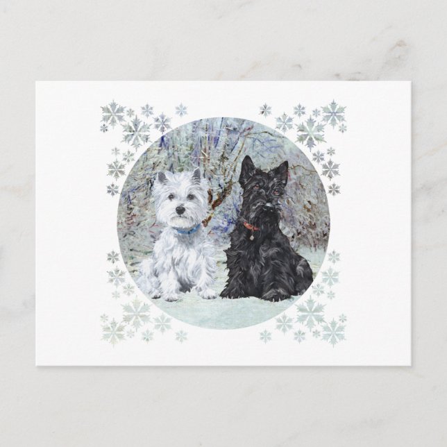 Westie och Scottie i snöig landskap Vykort (Framsida)