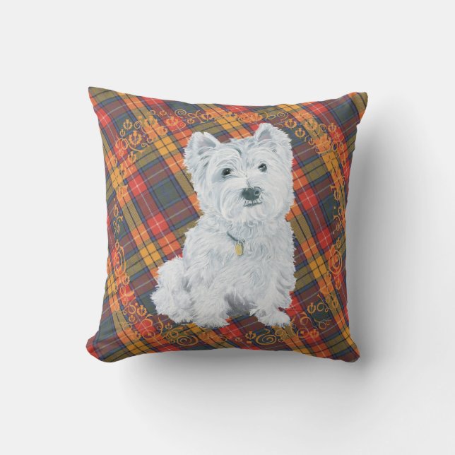 Westie on Tartan PILLOW Kudde (Framsida)