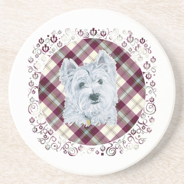 Westie på Tartan Underlägg Sandsten (Framsidan)