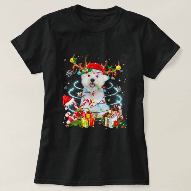 Westie Reindeer Christmas Tree Lights Pajama Dog X T Shirt (Design framsida)
