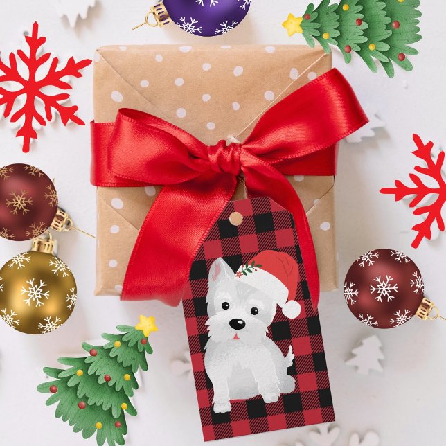Westie Santa Hat Buffalo Play Helgdag Design Presentetikett (West Highland Dog With Santa Hat Buffalo Plaid Gift Tags)