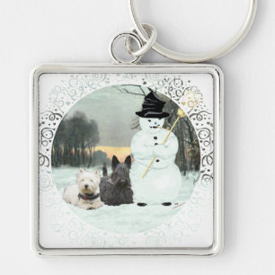 Westie & Scottie bygger en snöman Fyrkantig Silverfärgad Nyckelring