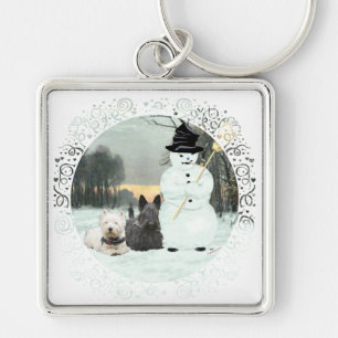 Westie & Scottie bygger en snöman Fyrkantig Silverfärgad Nyckelring
