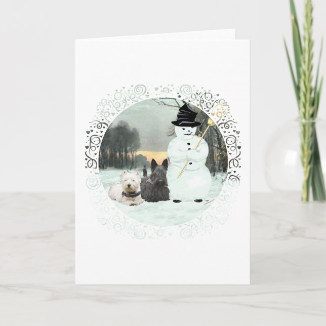 Westie & Scottie Bygger en Snöman Helgkort (Framsida)