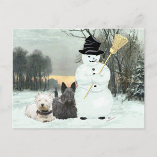 Westie & Scottie bygger en snöman Vykort