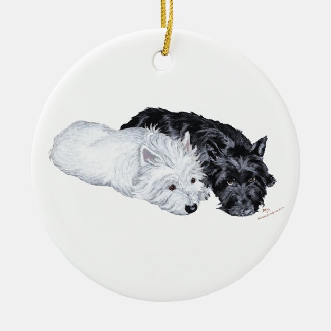 Westie & Scottie i vila Julgransprydnad Keramik (Framsidan)