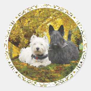 Westie & Scottie på hösten Runt Klistermärke
