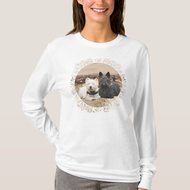 Westie & Scottie Tillsammans Höst T Shirt (Framsida)