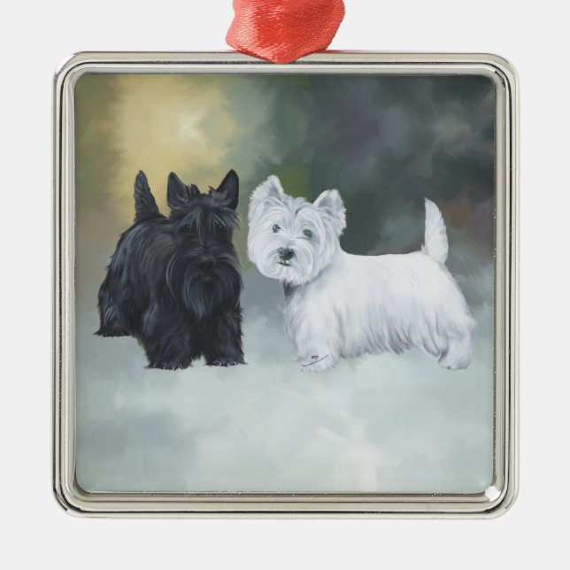 Westie Scottie Vintertid Julgransprydnad Metall (Framsidan)