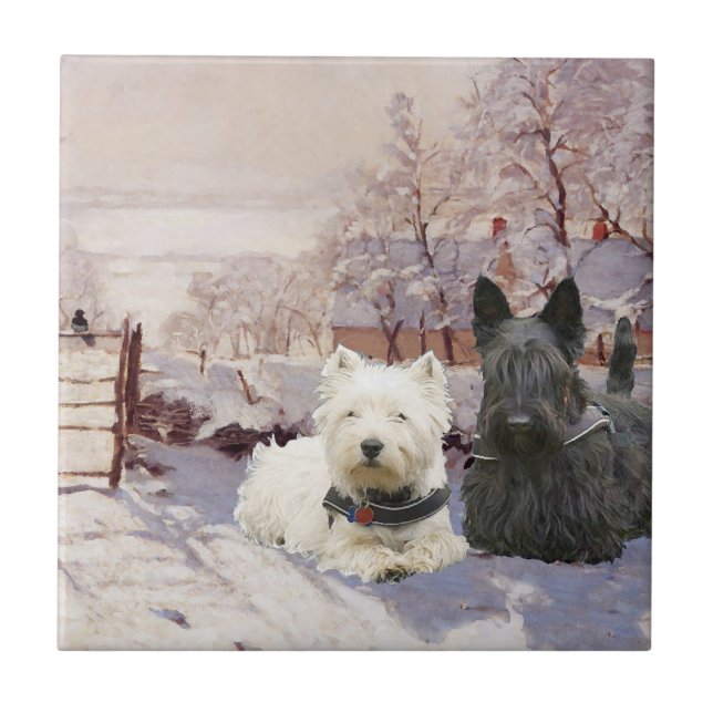 Westie & Scottie Winter Magpie Kakelplatta (Framsidan)