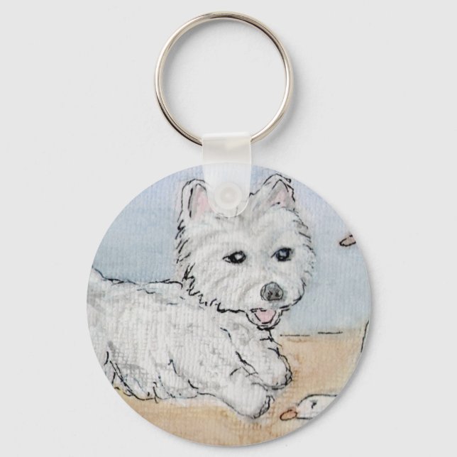 WESTIE SPELAR PÅ BEACH NYCKELRING (Framsida)