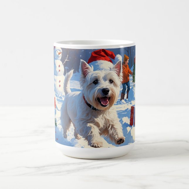 Westie springar i snö med julhatt kaffemugg (Center)