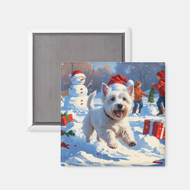 Westie springar i snö med julhatt magnet (Front/Back)