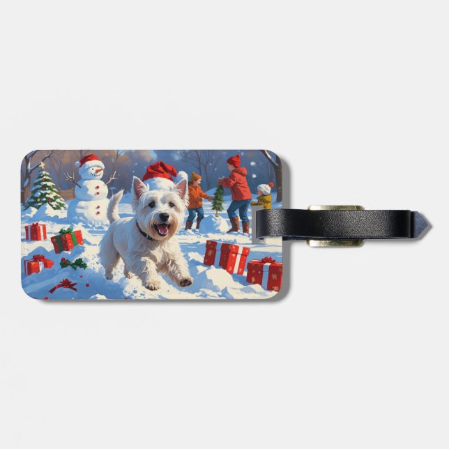 Westie springer i snö med julhatt bagagebricka (Baksida Vågrät)