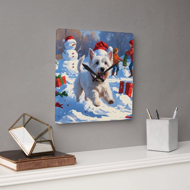 Westie springer i snö med julhatt fyrkantig klocka (Kontor)