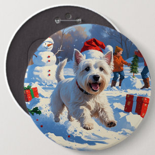 Westie springer i snö med julhatt knapp