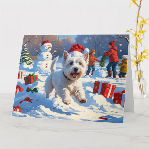 Westie springer i snö med julhatt kort