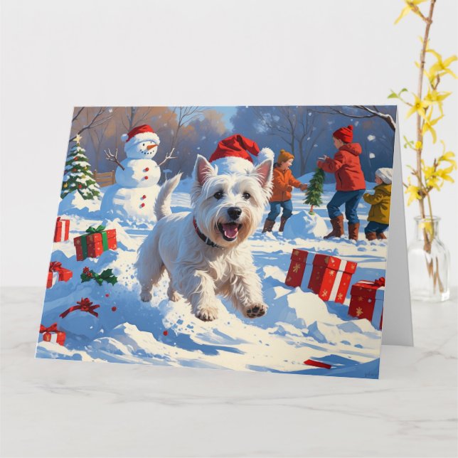 Westie springer i snö med julhatt kort (Gul blomma)