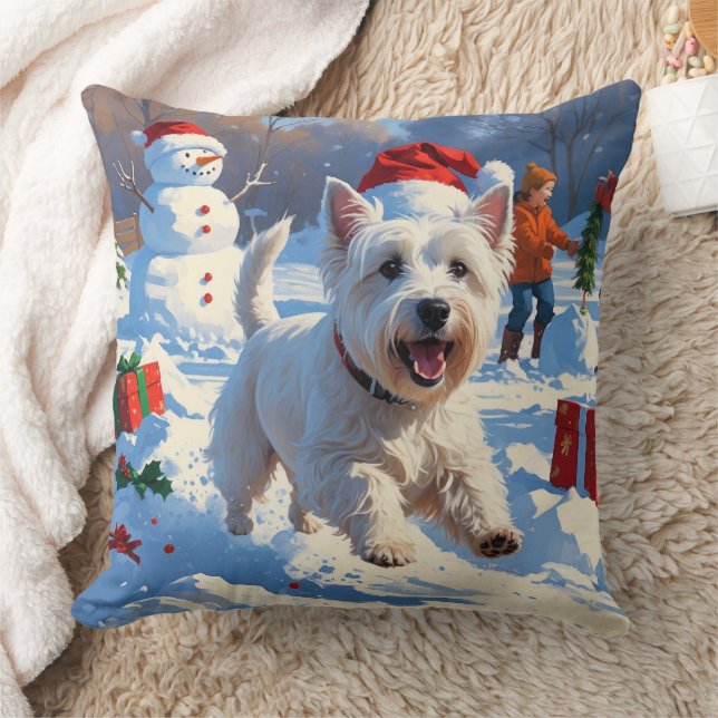 Westie springer i snö med julhatt kudde (Filt)