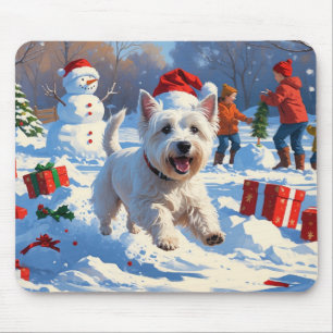 Westie springer i snö med julhatt musmatta