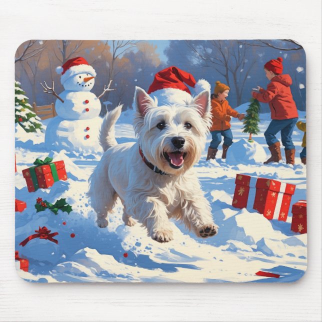 Westie springer i snö med julhatt musmatta (Framsidan)