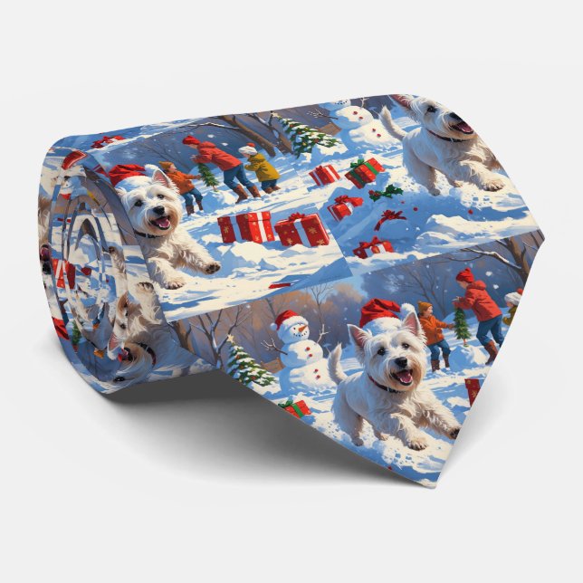 Westie springer i snö med julhatt slips (Rullad)