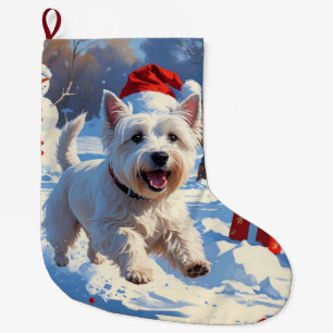 Westie springer i snö med julhatt stor julstrumpa